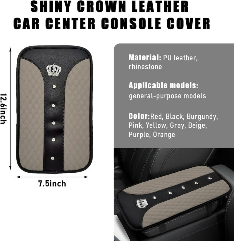 Yourkar Bling Crown Car Center Console Mats, Anti-Slip and Waterproof Crystal Car Armrest Pad Protector, Universal Rustproof Armrest Decor Cushion for Cars & SUVs, Car Accessories (Gray) - Image 2